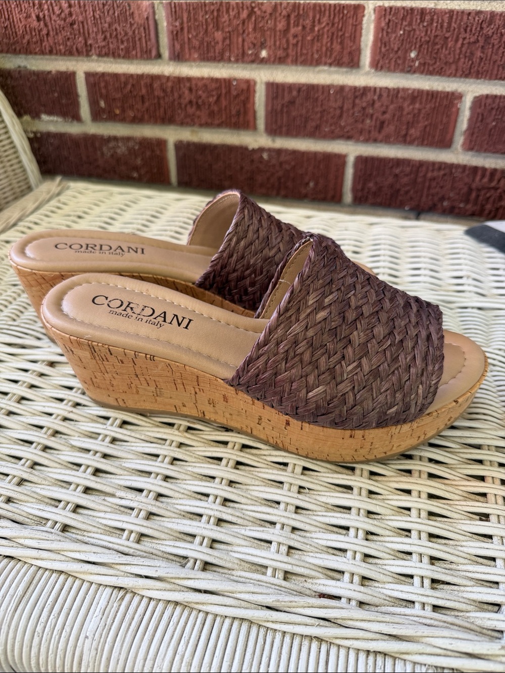 Cordani Chocolate Brown Woven Cork Wedge Slides